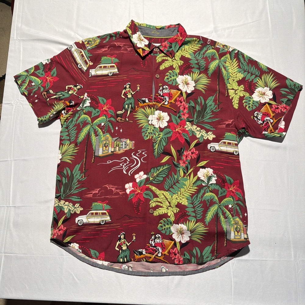 Tommy Bahama Christmas Shirt Mens XL Camp Hula Holiday Santa Hawaiian